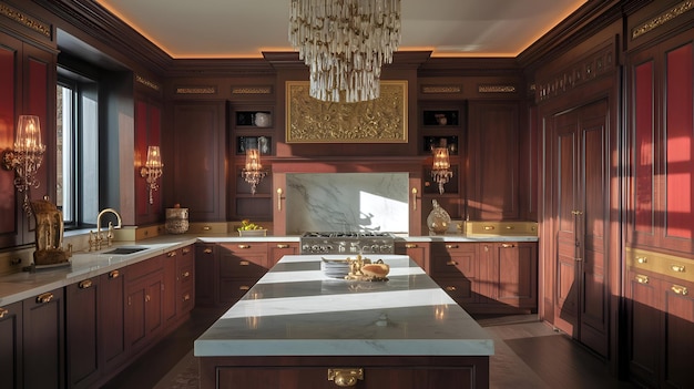 Cocina clásica de lujo con armarios de madera oscura isla central de mármol y decoración elegante