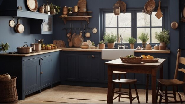 una cocina con una cocina azul y una estufa y una ventana con vistas al exterior