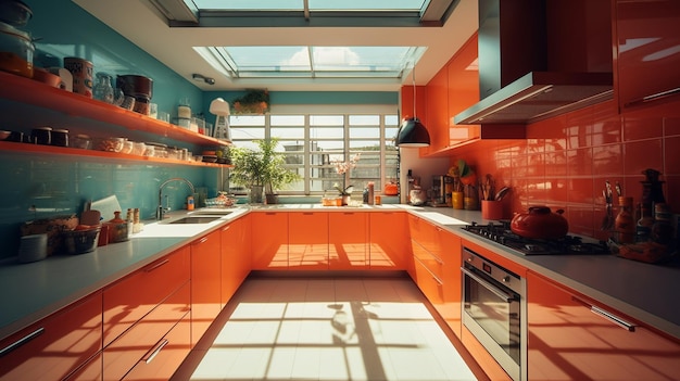 Una cocina de color naranja brillante con un tragaluz y una ventana.