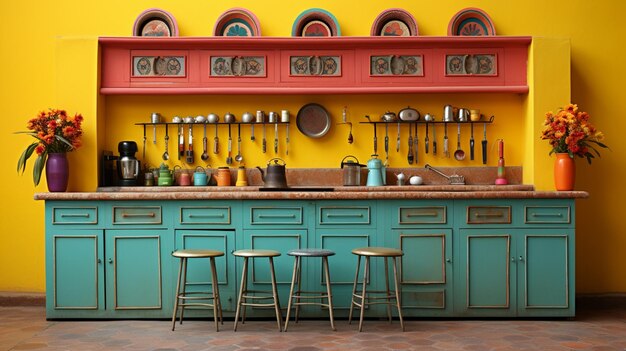 cocina de colores brillantes con ollas y sartenes en la pared generativa ai