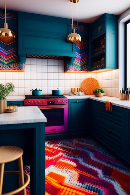 Foto una cocina colorida con una estufa negra y un horno rosa con una lámpara amarilla encima.