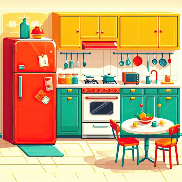 Foto una cocina colorida con un refrigerador, una estufa y una mesa