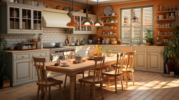 Una cocina con comedor diseño interior isométrico renderizado en 3D