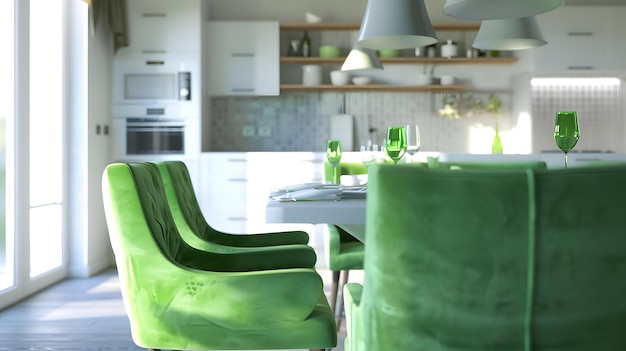 Foto cocina y comedor modernos mesa con sillas tapicadas de gamuza verde ia generativa