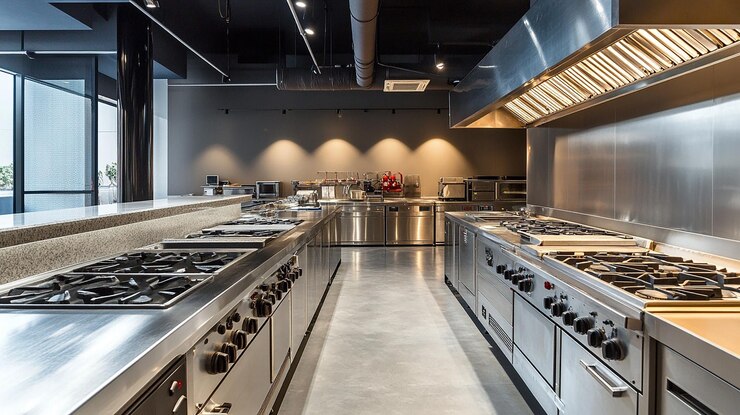 Cocina comercial moderna con electrodomésticos de acero inoxidable Equipo profesional y configuración organizada