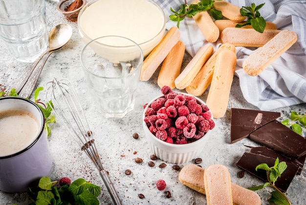 Cocina comida italiana postre Tiramisú con todos los ingredientes necesarios cacao café queso mascarpone menta y frambuesas