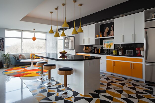 Foto cocina de concepto abierto con gabinetes elegantes, diseños geométricos y llamativos toques de color