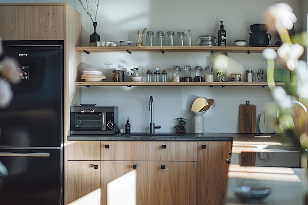 Una cocina con un congelador de refrigerador negro al lado de un estante de madera