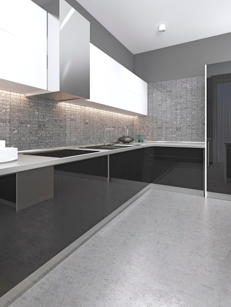 Foto cocina contemporánea en blanco y negro con una fachada brillante y piso de concreto. representación 3d.