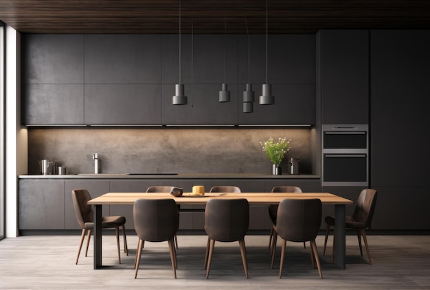 Foto cocina contemporánea de color gris oscuro con respaldo de madera blanca mesa con sillas generada por ia