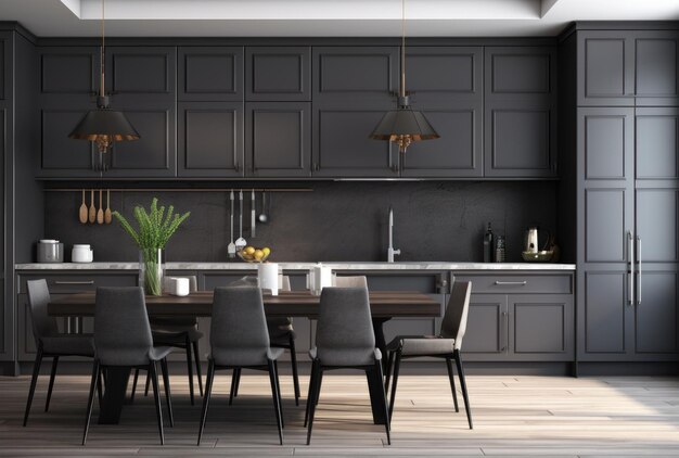 Foto cocina contemporánea de color gris oscuro con respaldo de madera blanca mesa con sillas generada por ia