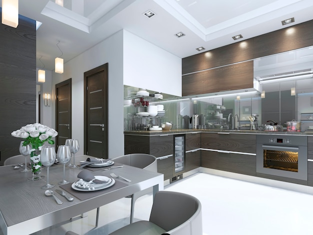 Cocina-Contemporánea en color marrón con paredes blancas y pisos de mármol. Render 3D.