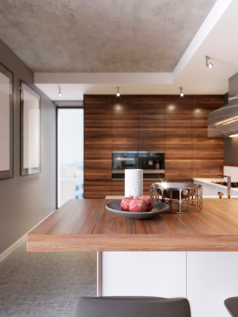 Cocina contemporánea de estilo moderno. Apartamento de lujo en el centro. Zona desayunadora en cómodo departamento a estrenar. Representación 3d