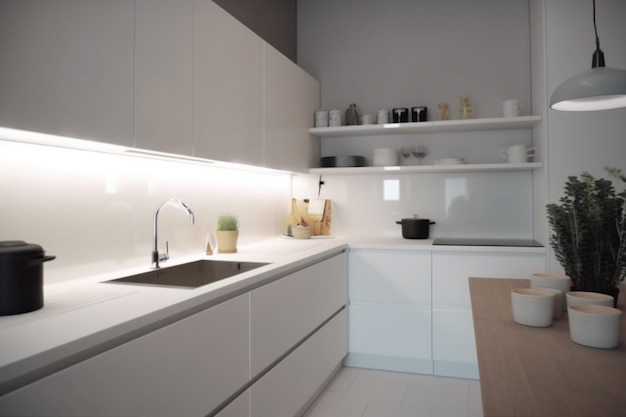 Cocina contemporáneo moderno blanco nadie decoración casa hogar apartamento diseño de interiores IA generativa