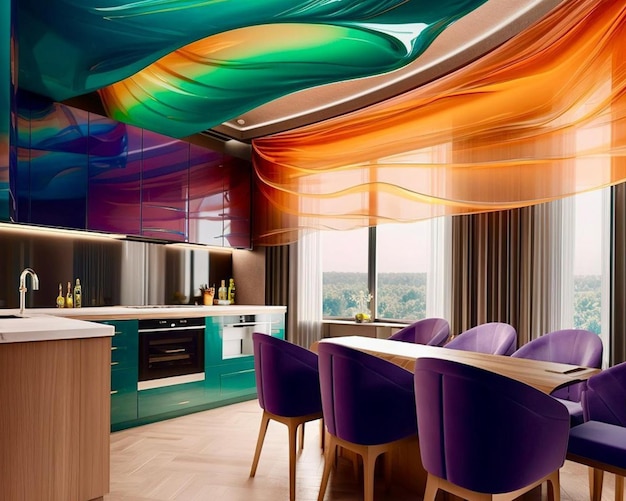 Una cocina con una cortina de arcoíris colgando del techo