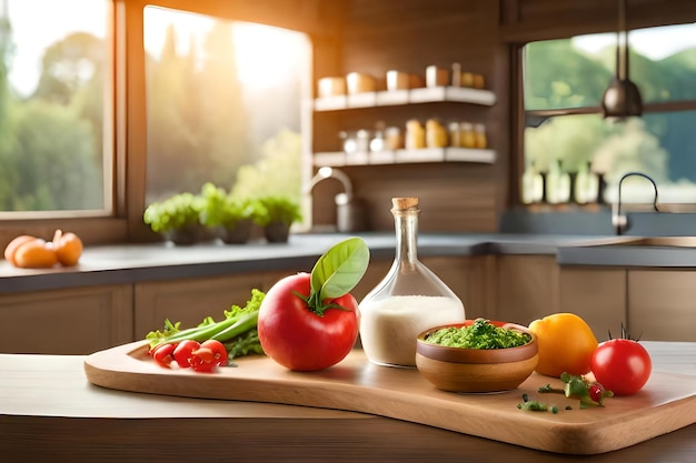 una cocina con un cuenco de verduras orgánicas y una botella de leche.