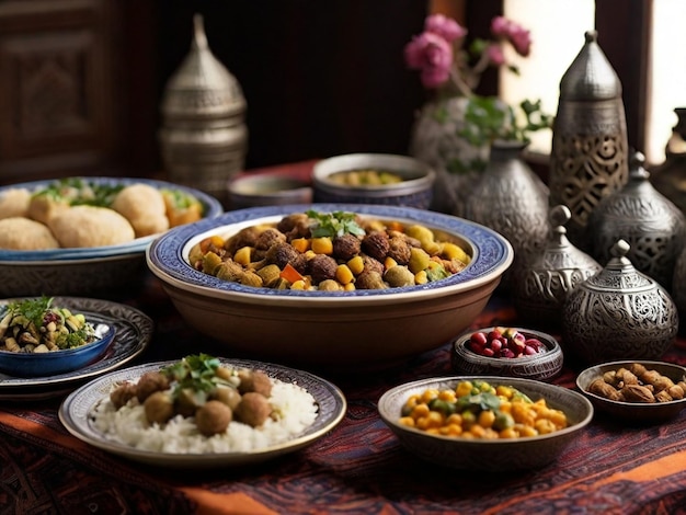 La cocina cultural del Ramadán La deliciosa comida de Oriente Medio se extiende en la mesa de comedor