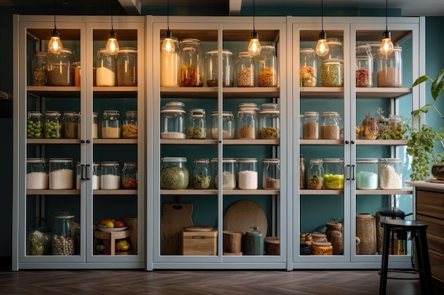 Cocina con una despensa organizada y elegante con latas de vidrio y contenedores metálicos