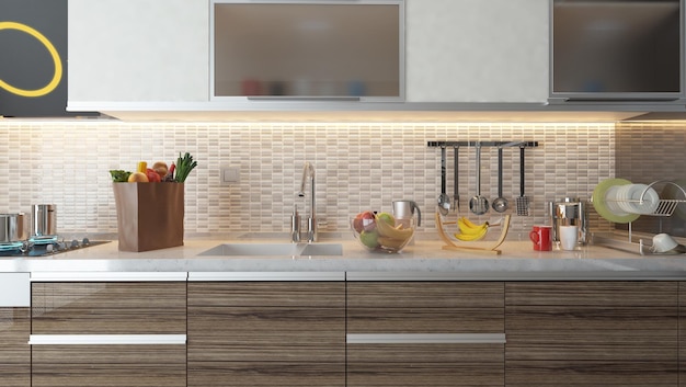 Cocina de diseño en cerámica blanca con fruta fresca y menaje de cocina