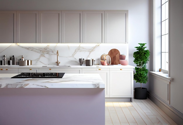 Cocina de diseño minimalista con alacena con pared de salpicadero de azulejos cuadrados blancos para cocinar AI generado