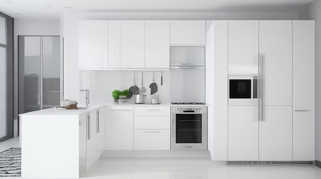 Cocina de diseño moderno blanco de renderizado 3d con nevera