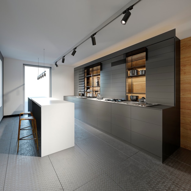 Cocina de diseño moderno en colores oscuros en estilo loft. Representación 3d