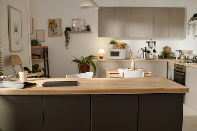 Cocina doméstica moderna con mesa