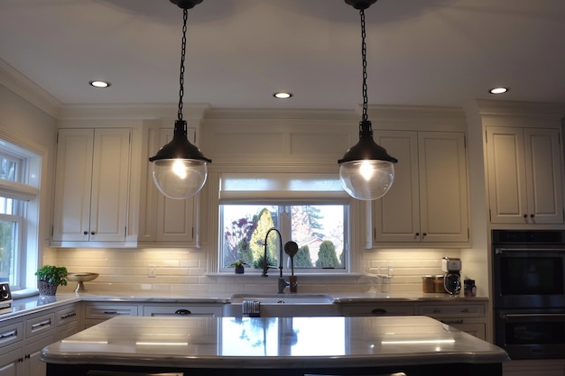 Una cocina con dos luces colgantes colgando sobre el mostrador