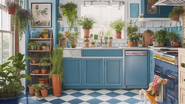 Una cocina ecléctica con un piso a cuadros brillante, un protector contra salpicaduras colorido y una variedad de plantas.