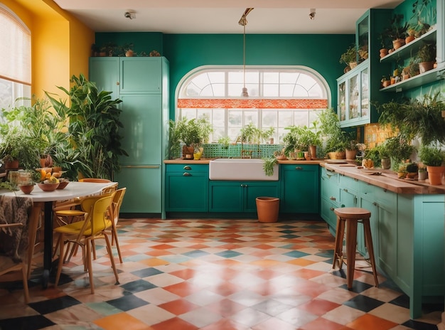 Una cocina ecléctica con un suelo a cuadros brillante un backsplash colorido y una variedad de plantas