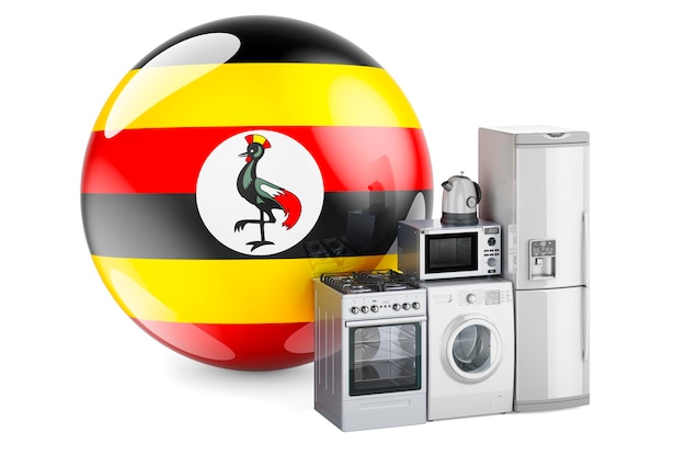 Cocina y electrodomésticos con bandera de Uganda Producción compras y entrega de electrodomèsticos en Uganda concepto renderizado en 3D