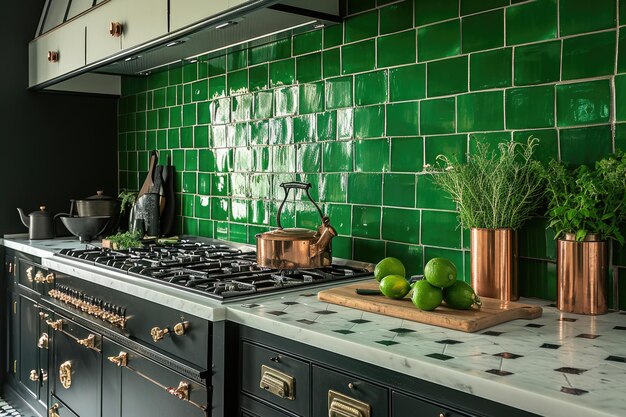 Cocina elegante con azulejos verdes