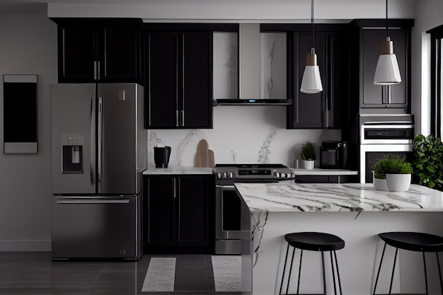 Una cocina con un elegante diseño en blanco y negro y electrodomésticos de acero inoxidable