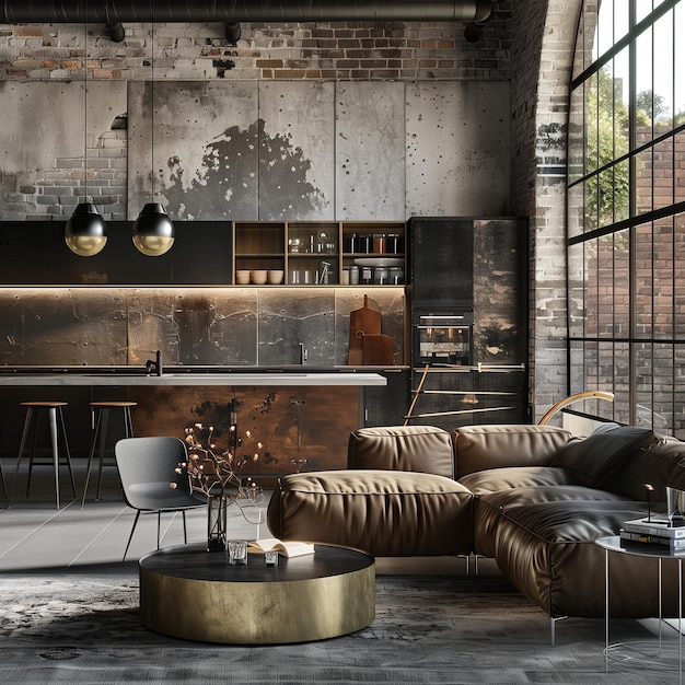 Foto una cocina elegante en un estilo industrial envejecido para los amantes del estilo loft sofisticado