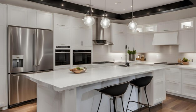 Foto una cocina con una encimera blanca y un refrigerador de plata