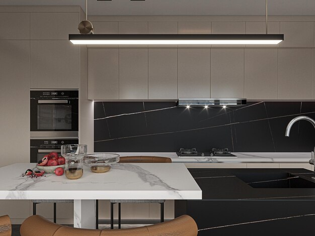 una cocina con una encimera de mármol blanco y una luz por encima de ella