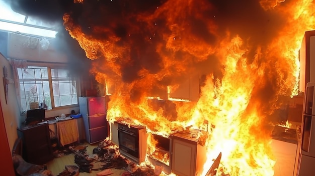 Foto la cocina envuelta en llamas