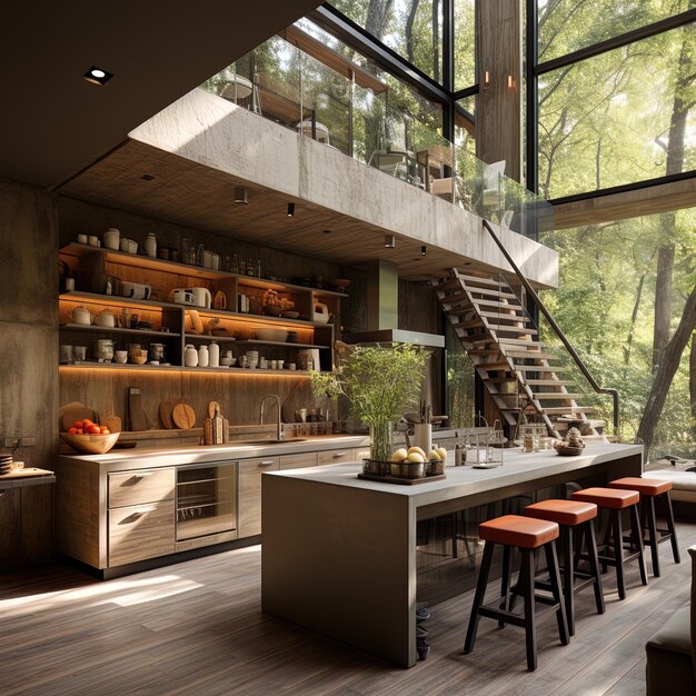 una cocina con una escalera que conduce a un bosque