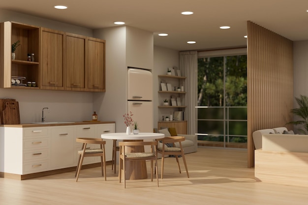 Cocina escandinava mínima con diseño de interiores de espacio de comedor en madera y estilo de material blanco