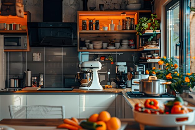 Cocina escandinava moderna con armarios blancos pared negra y electrodomésticos Frutas y verduras