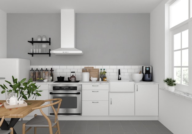 Cocina escandinava con pared en blanco