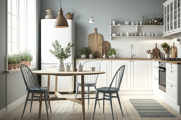 Una cocina escandinava típica con una mesa de comedor y sillas y una arquitectura interior elegante está rematada con una mesa o estante de madera y jarrones minimalistas contemporáneos.