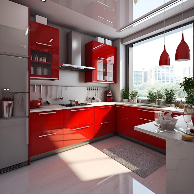 Foto una cocina con un esquema de color rojo y blanco.