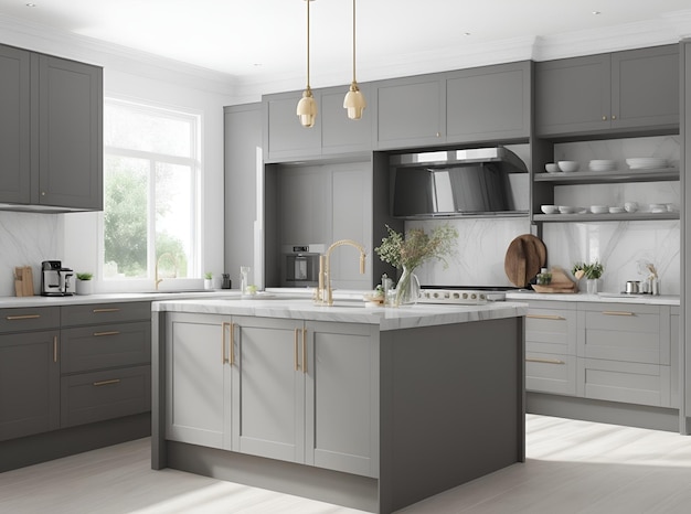 Foto una cocina con un esquema de colores blanco y gris