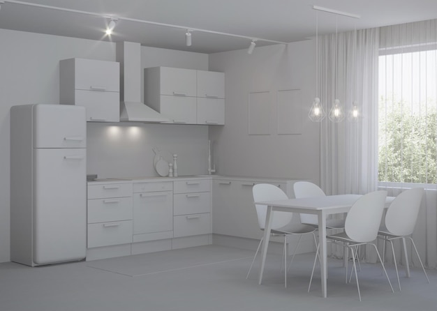 Cocina de esquina de estilo escandinavo. Interior gris. Representación 3D.