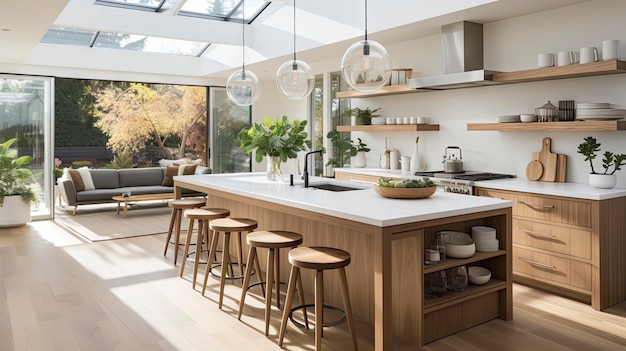 la cocina está abierta a la sala de estar y tiene una gran ventana que se abre hacia el patio trasero.