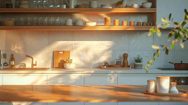 una cocina con un estante con ollas y sartenes
