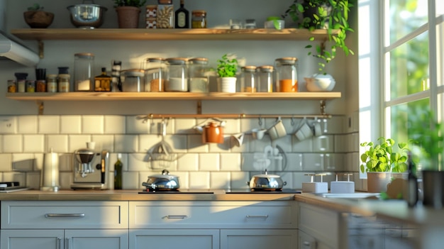 una cocina con un estante que dice envasado en él