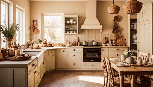 una cocina con un estantería con una pared roja y un estante con varios artículos de cocina