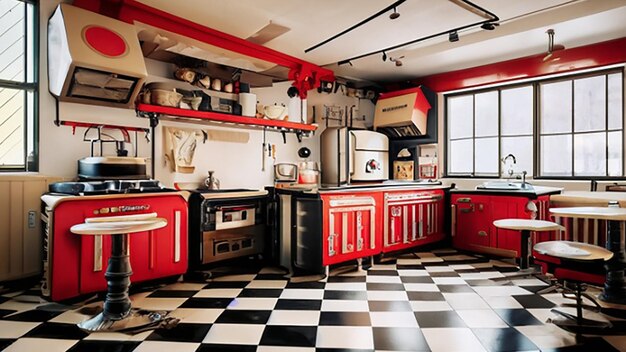Cocina estilo comedor retro con piso de tablero de ajedrez y electrodomésticos antiguos